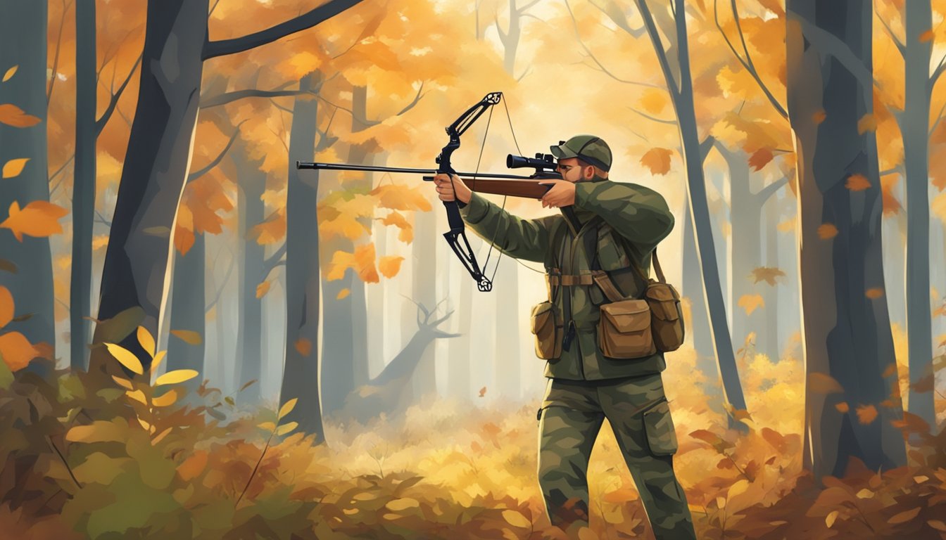 A hunter in camouflage draws a bow, aiming at a deer in a forest clearing. The deer stands alert, surrounded by autumn foliage