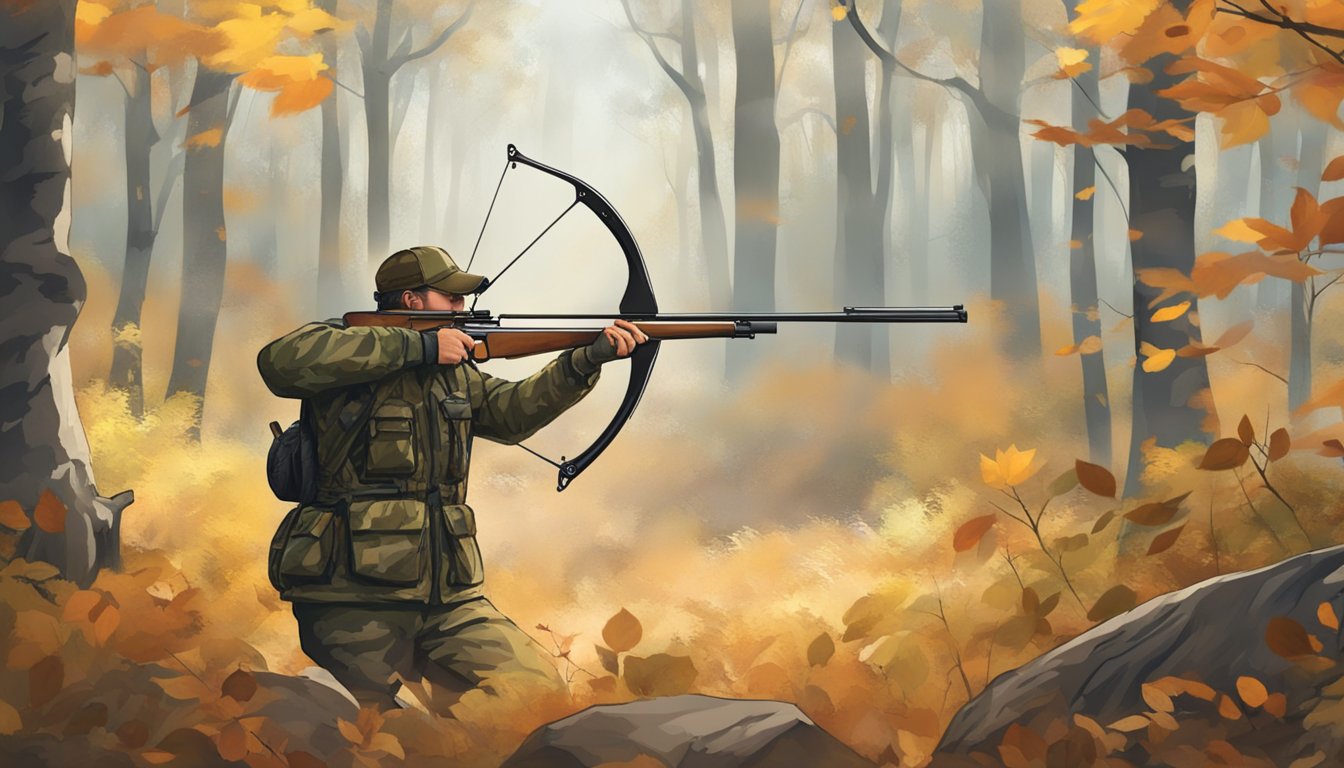 A hunter in camouflage stands in a wooded area, drawing back a bow aimed at a distant target. The trees are tinged with the colors of autumn