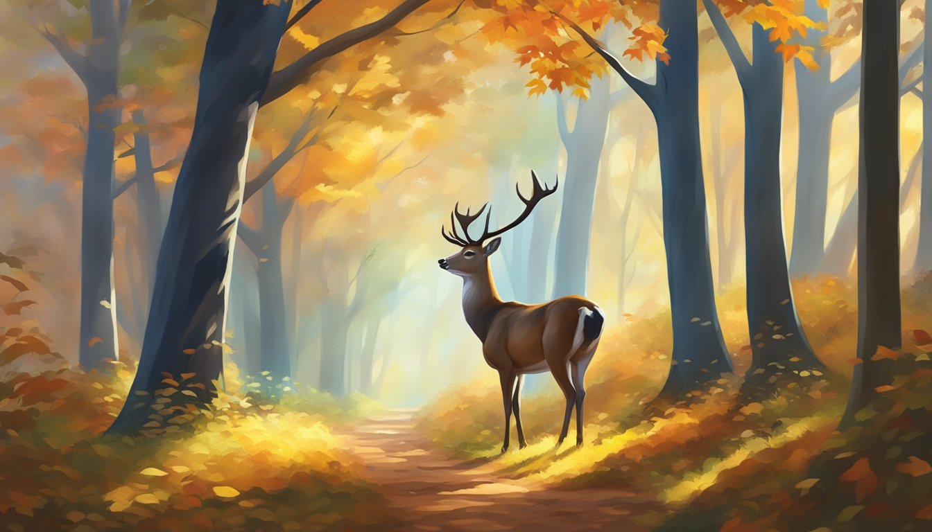 A serene forest clearing with a deer grazing peacefully under the dappled sunlight filtering through the trees, surrounded by the vibrant colors of autumn foliage