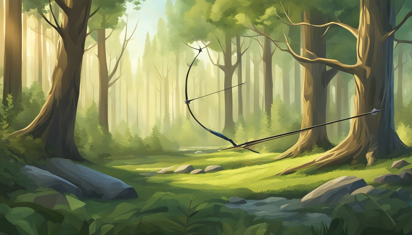 A forest clearing with a bow and arrow, surrounded by trees and wildlife