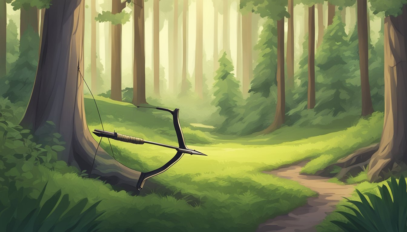 A serene forest clearing with a bow and arrow resting against a tree, surrounded by lush foliage and a sign indicating hunting fees and regulations