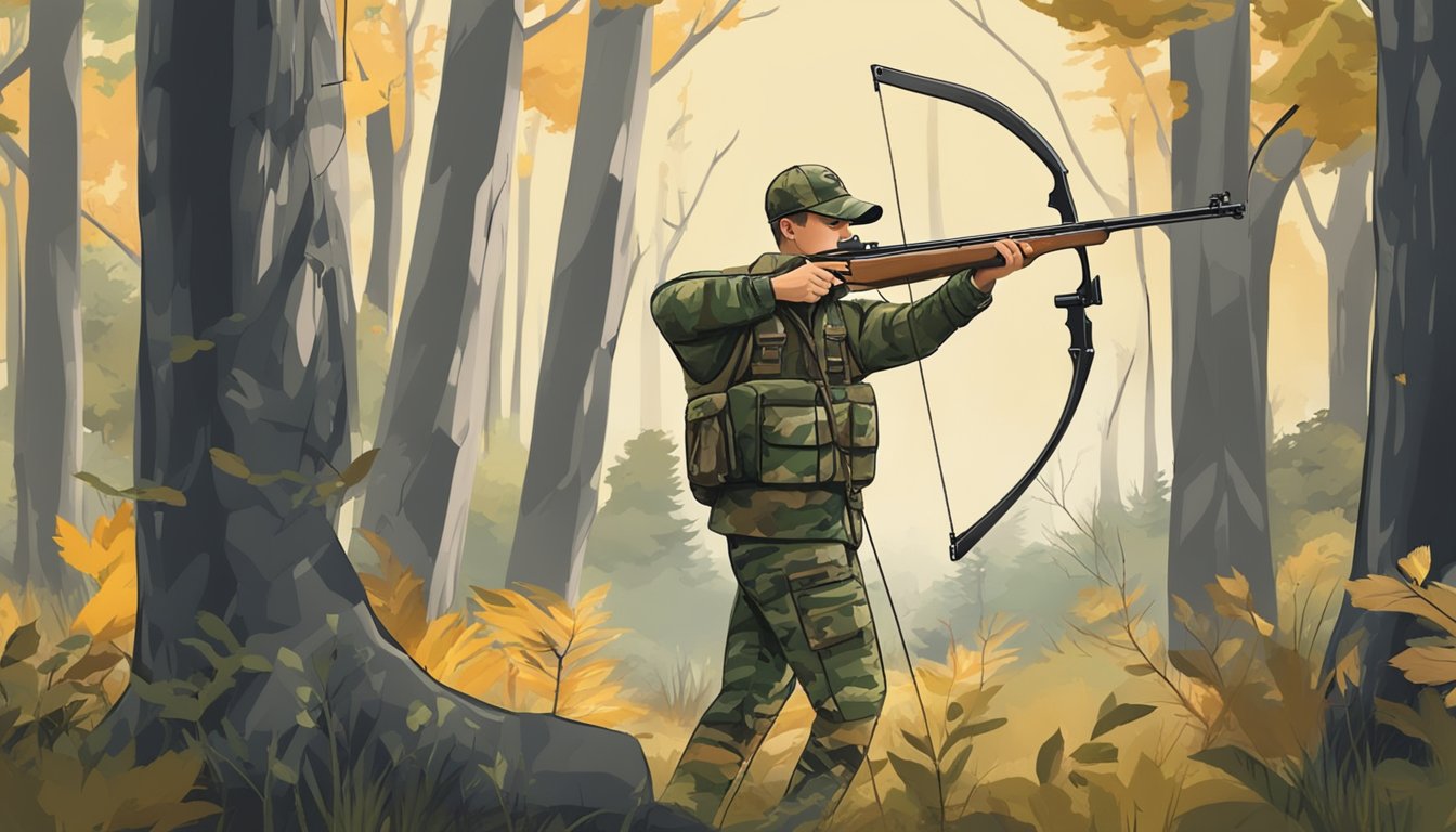 A hunter in camouflage stands in a wooded area, aiming a bow at a target. Signs displaying bag limits and hunting regulations are posted nearby