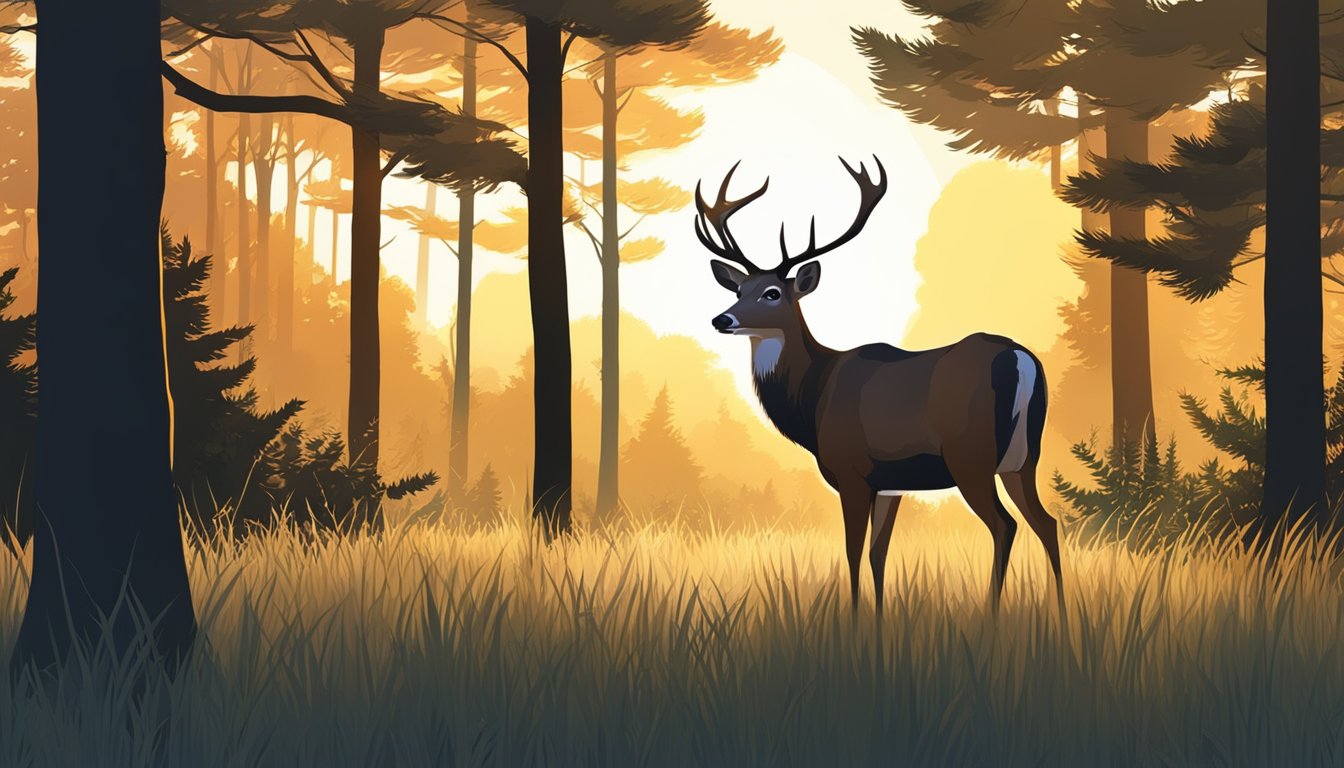 A deer stands in a forest clearing, surrounded by trees and tall grass. The sun sets behind the horizon, casting a warm glow over the scene