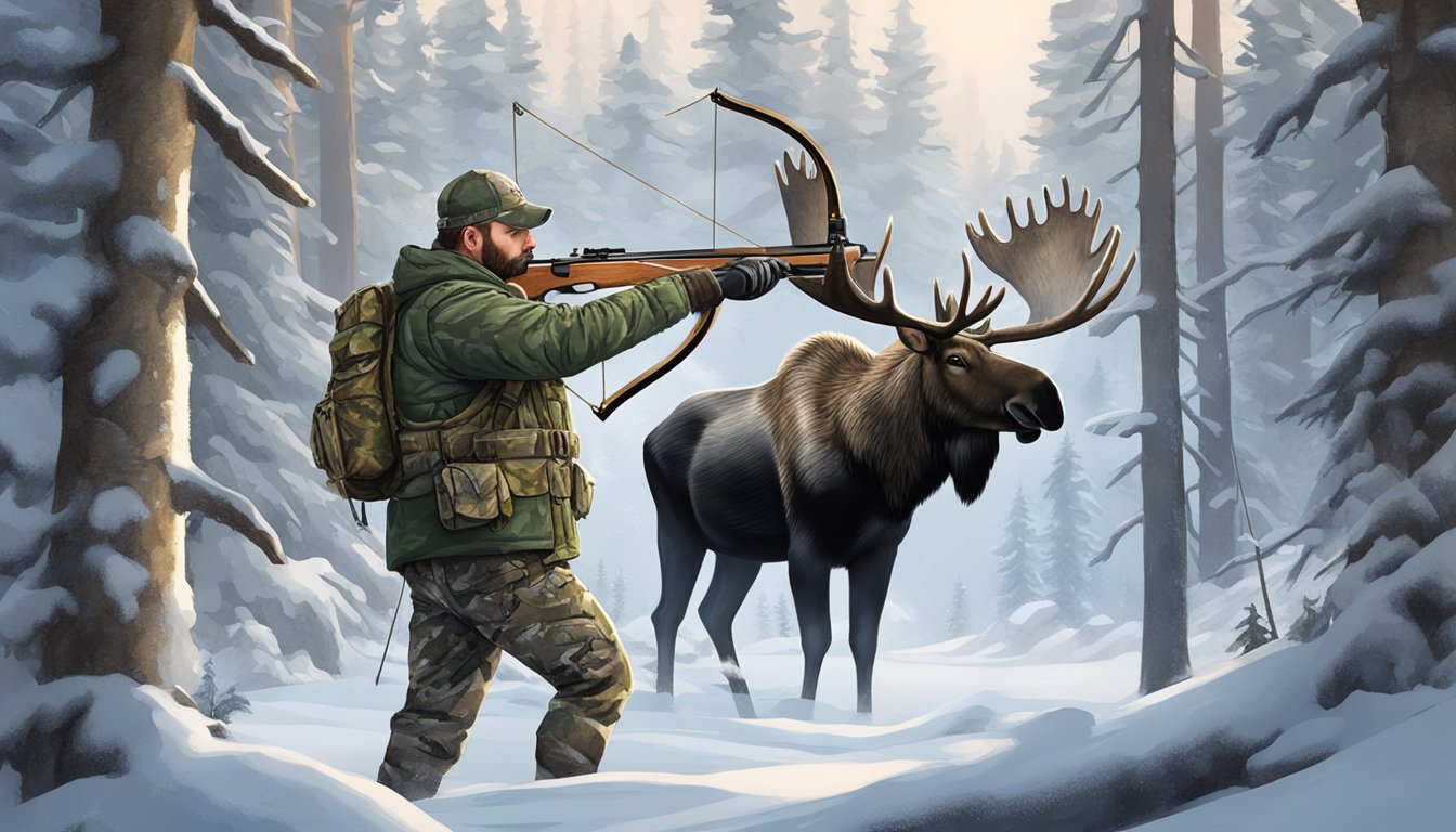 A hunter in camouflage gear aiming a bow at a moose in a snowy Alaskan forest