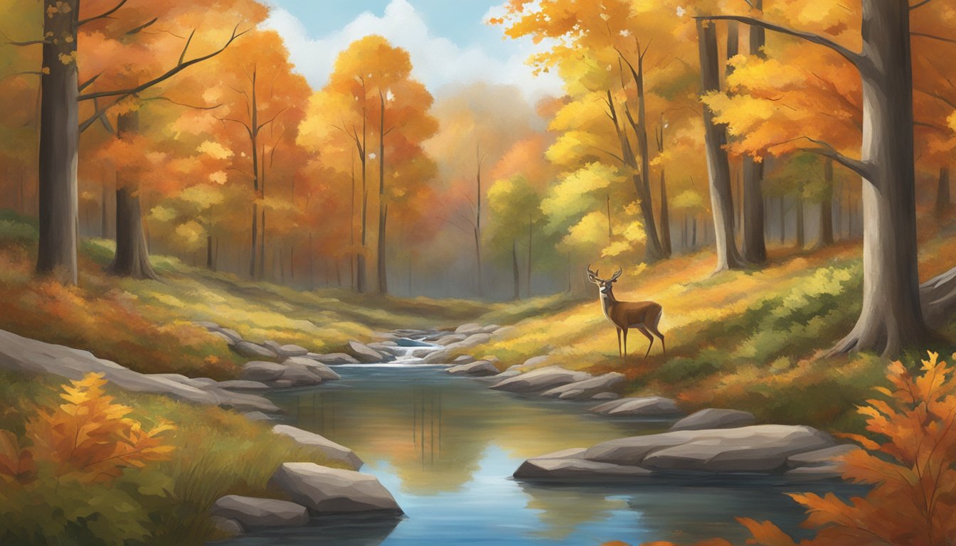 A deer cautiously approaches a water source in an Illinois forest, surrounded by vibrant autumn foliage