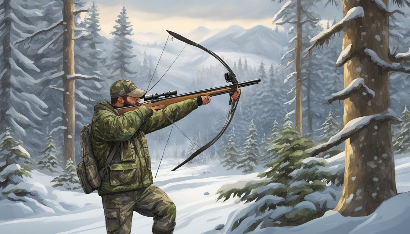 A hunter in camouflage draws a bow, aiming at a moose in a snowy Alaskan forest during bow hunting season