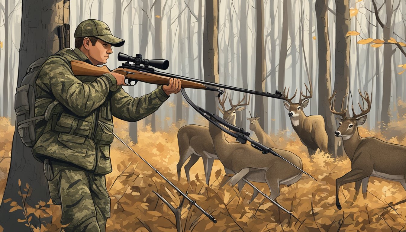 A hunter in camouflage gear stands in a wooded area, aiming a bow at a deer. A sign nearby displays bag limits and legal prey for bow hunting season in Illinois