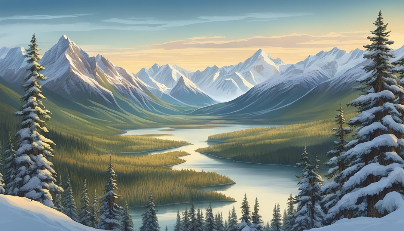 A vast Alaskan landscape with snow-capped mountains and dense forests, featuring designated hunting zones and wildlife management areas for bow hunting season