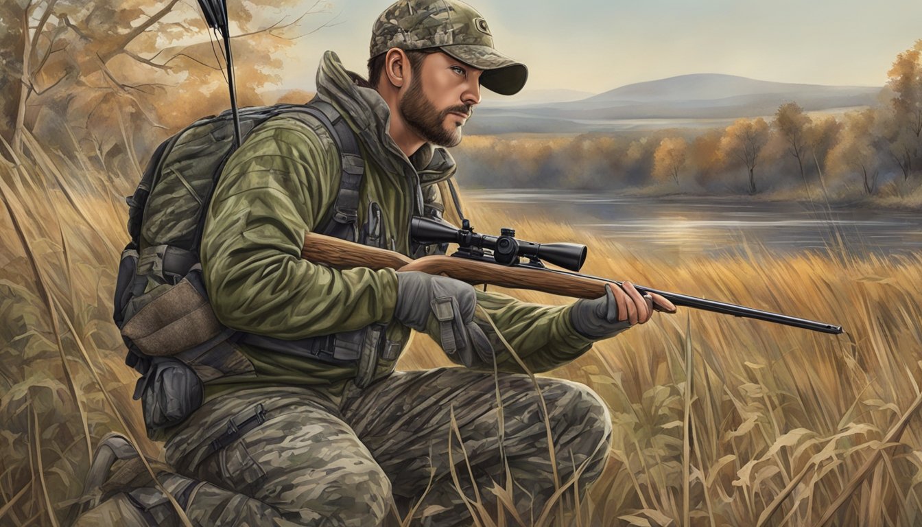 A bow hunter in camouflage with safety gear, ethical practices, and Iowa landscape