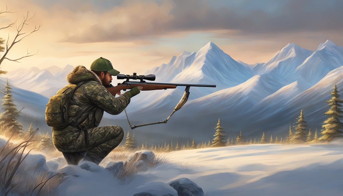 A hunter in camouflage draws a bow, aiming at a distant moose in the Alaskan wilderness. The scene is set in the early morning light, with snow-capped mountains in the background