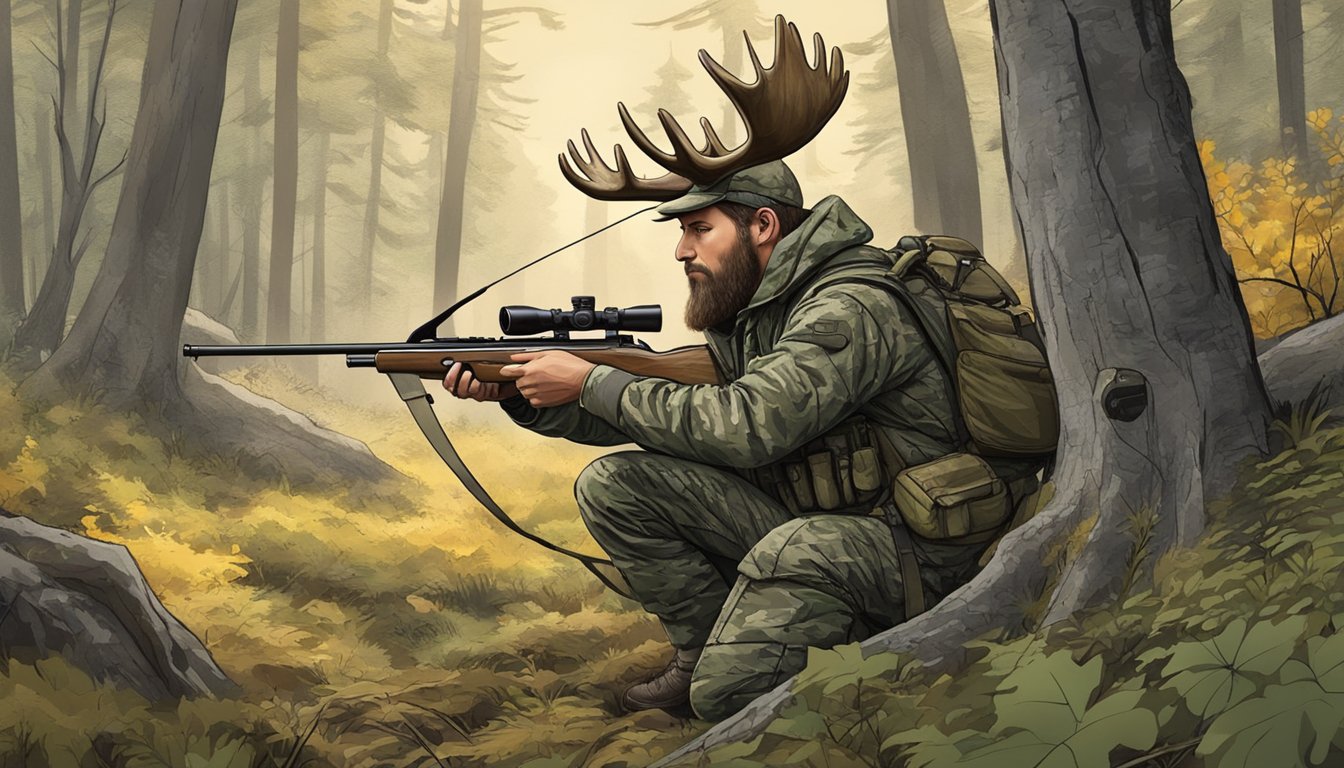 A bow hunter in camouflage crouches in a forest clearing, aiming at a large moose grazing in the distance