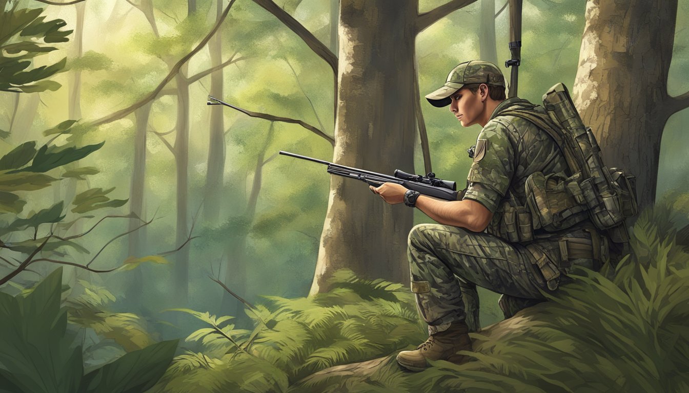 A hunter in camouflage gear patiently waits in a tree stand, overlooking a lush Louisiana forest during bow hunting season