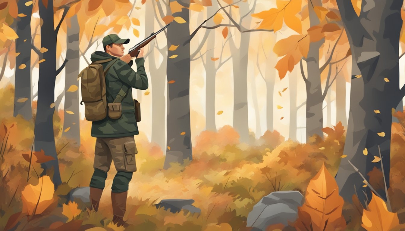 A hunter in camouflage stands in a wooded area, surrounded by autumn foliage. A calendar with hunting season dates is pinned to a tree