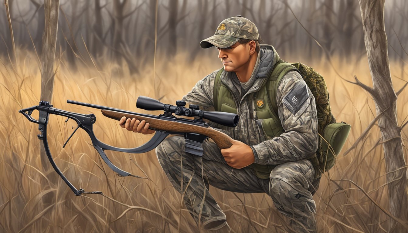 A hunter in camouflage adheres to bag limits and harvesting rules during bow hunting season in Kansas