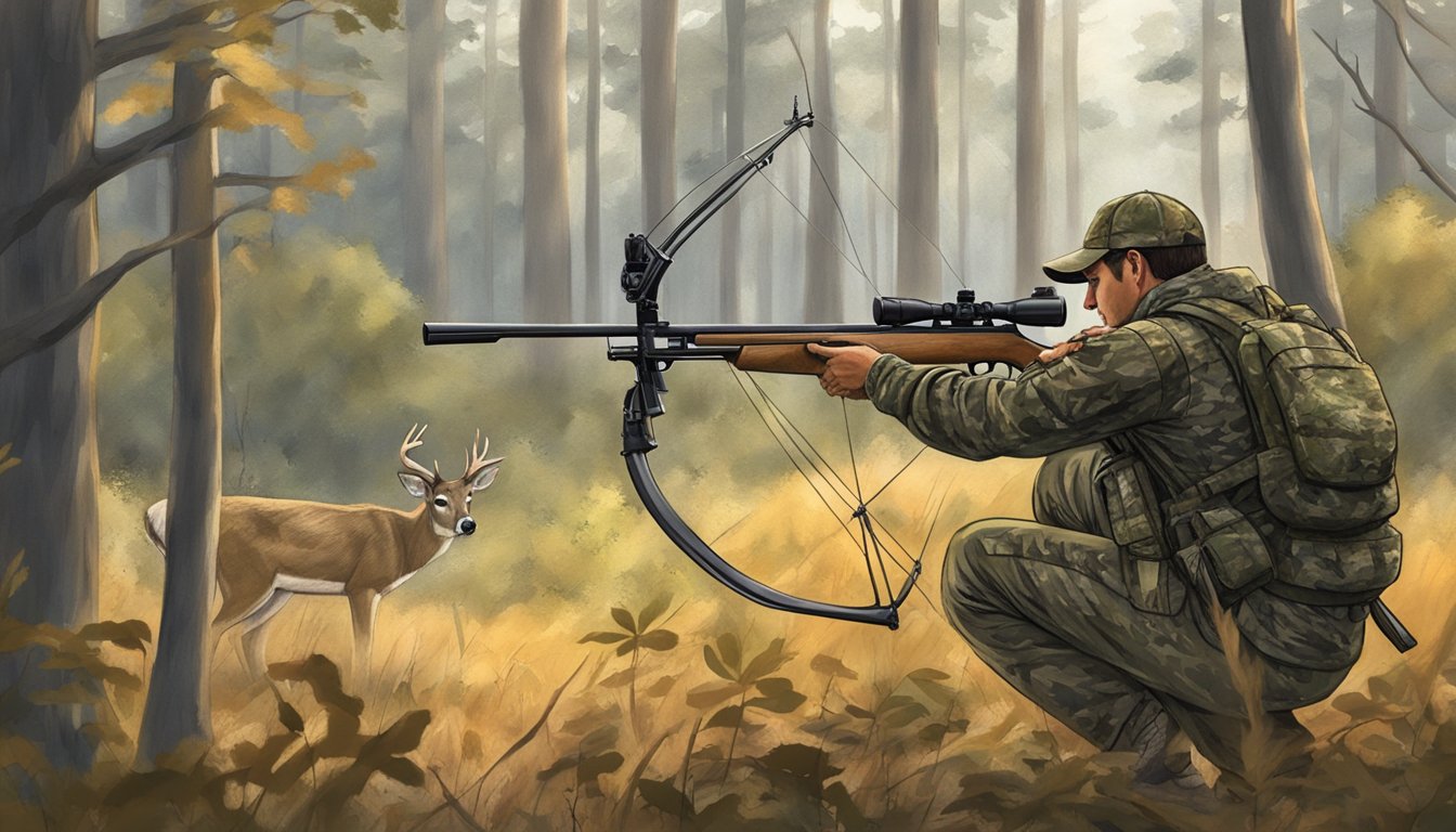 A hunter in camouflage draws back a bow, aiming at a whitetail deer in a forest clearing during Louisiana's bow hunting season