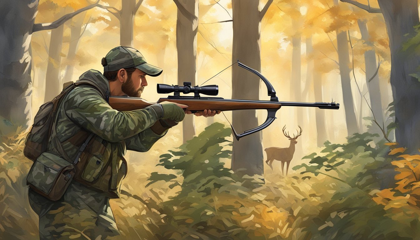 A hunter in camouflage draws back a bow, aiming at a deer in a sunlit Kansas forest clearing