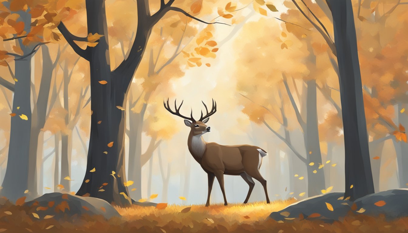 A deer stands alert in a forest clearing, surrounded by autumn foliage. A bow and arrow are positioned nearby, indicating the start of hunting season in Colorado