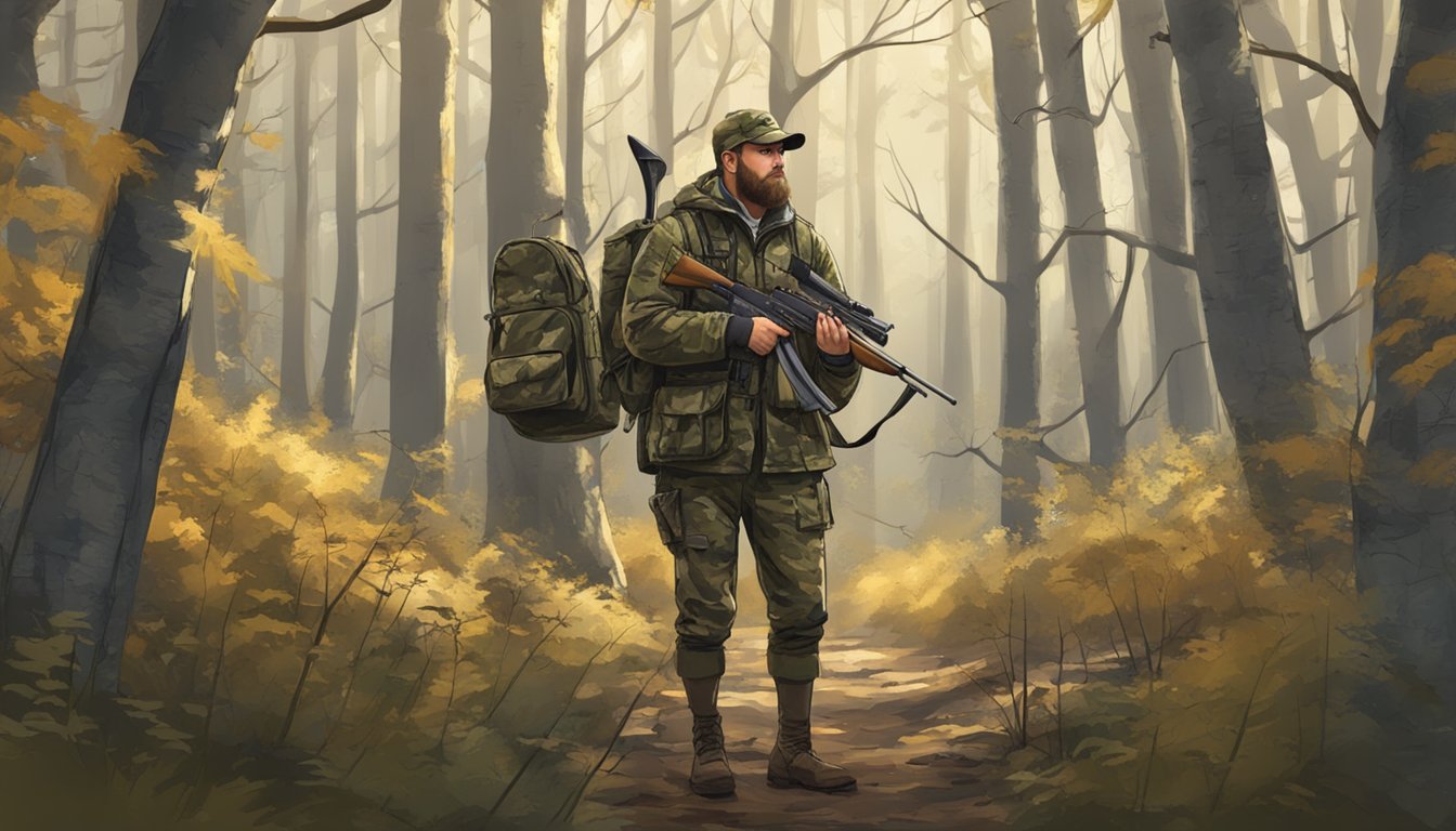 A hunter in camouflage stands in a wooded area, bow in hand, with signs indicating bag limits and hunting zones in the background