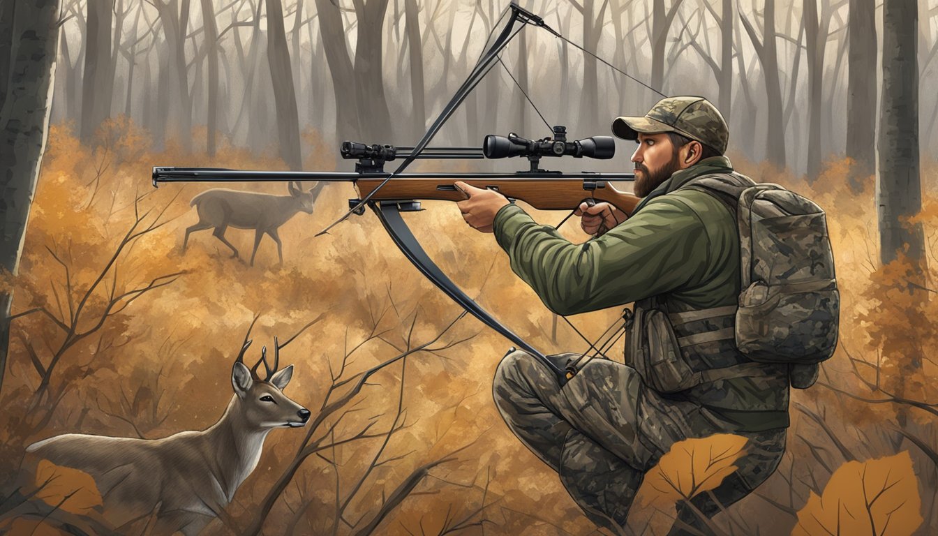 A hunter in camouflage draws back a compound bow, aiming at a deer in a wooded area during bow hunting season in Kansas