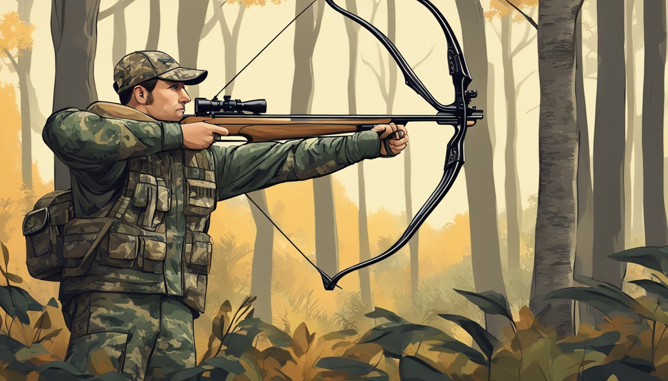 A bow hunter in camouflage gear, standing in a wooded area, aiming at a deer with a bow and arrow