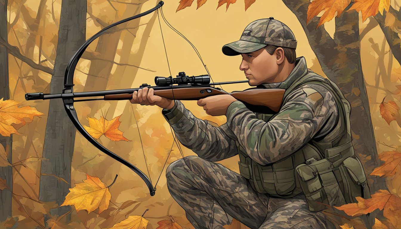 A hunter in camouflage drawing a bow, surrounded by Louisiana's autumn foliage