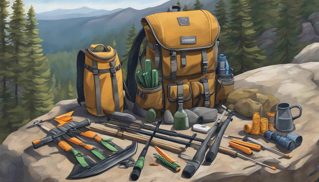 A hunter's backpack, bow, arrows, and safety vest laid out on a rocky ledge in the Colorado wilderness