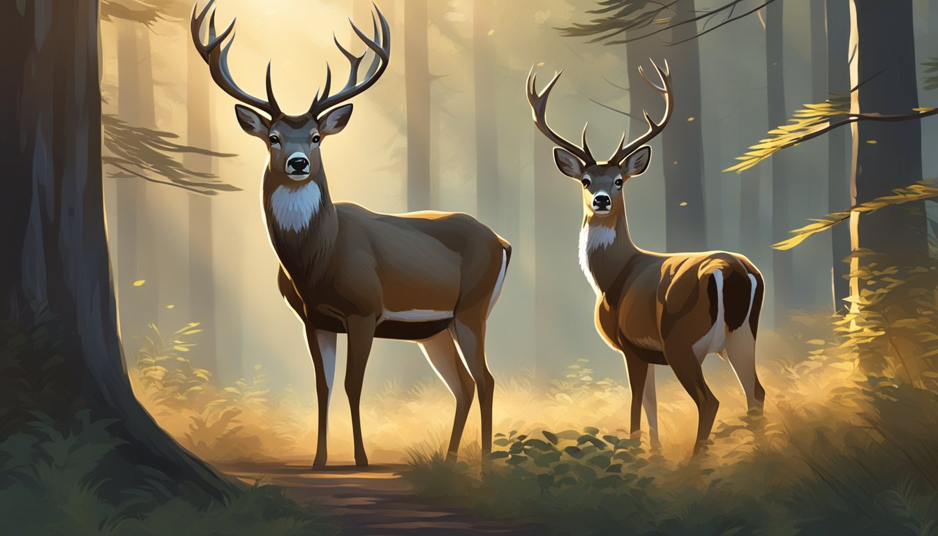 A deer stands alert in a forest clearing, surrounded by tall trees and brush. The early morning sun casts a warm glow over the scene