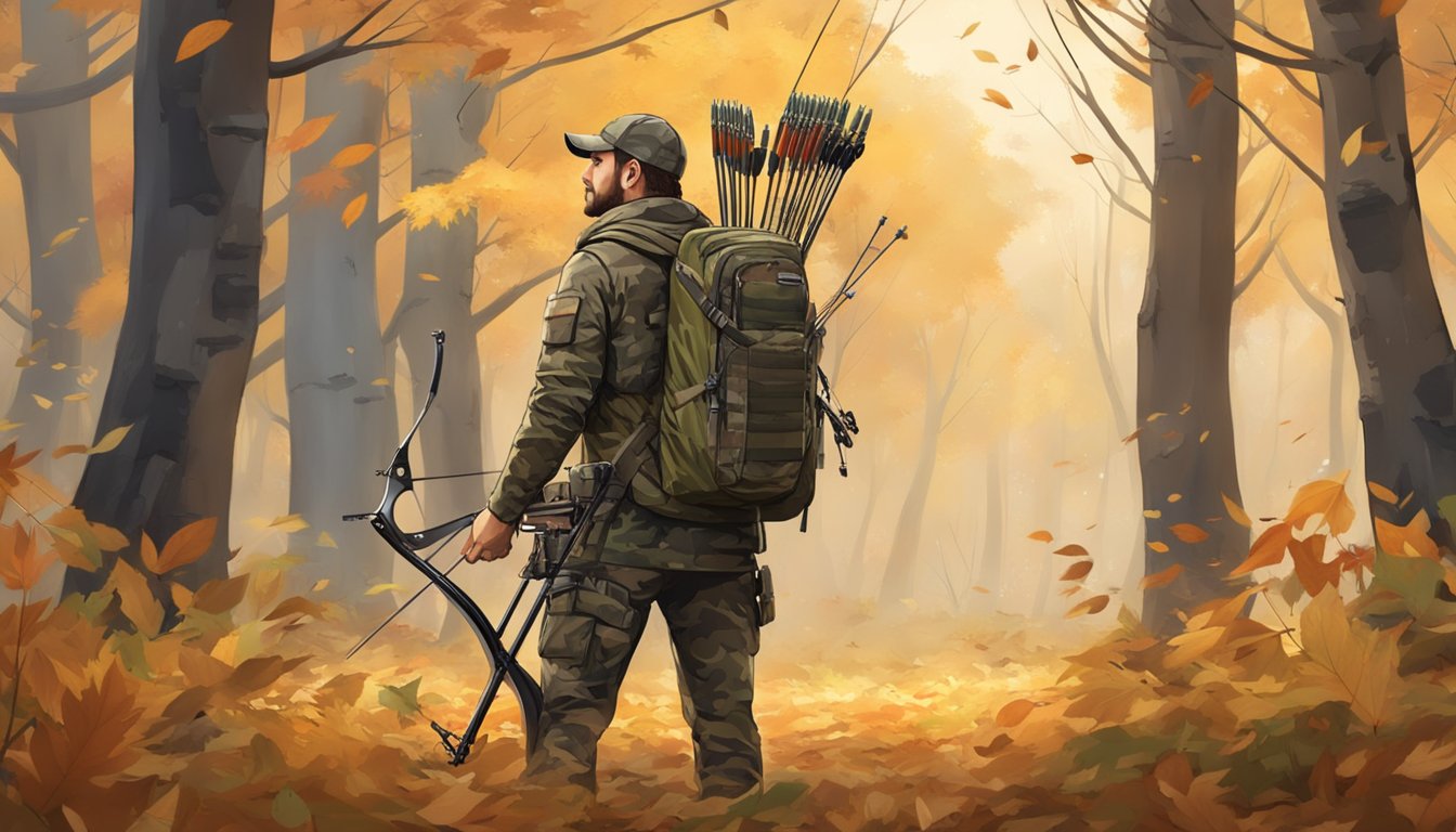 A bow hunter in camouflage gear, standing in a forest clearing with a compound bow, arrows, and a hunting pack. The autumn leaves are scattered on the ground