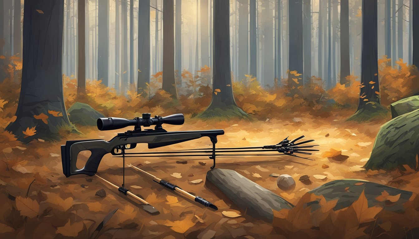 A bow, arrows, and camouflage gear lie on the forest floor, surrounded by fallen leaves and pine needles. A target is set up in the distance, ready for practice