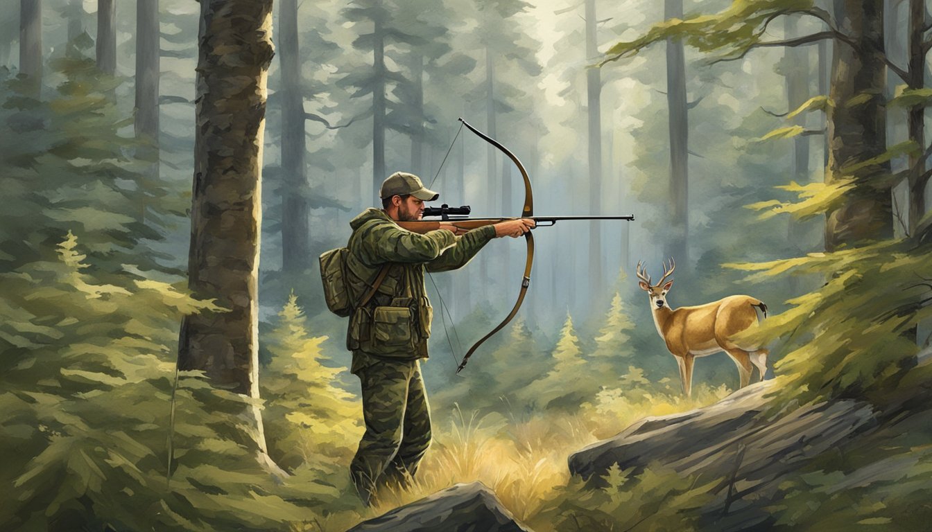 A hunter in camouflage draws back a bow, aiming at a deer in a peaceful Maine forest clearing