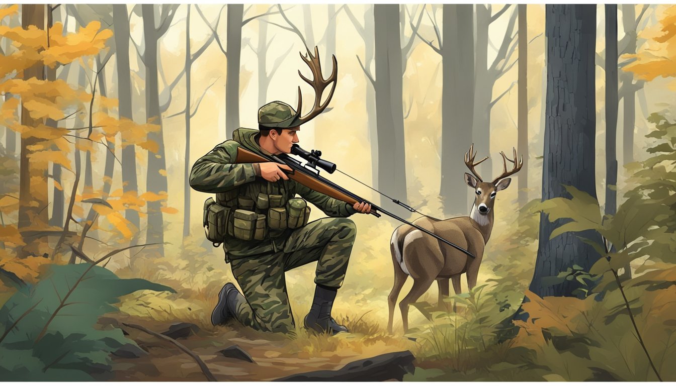 A hunter in camouflage aims a bow at a deer in a forest clearing