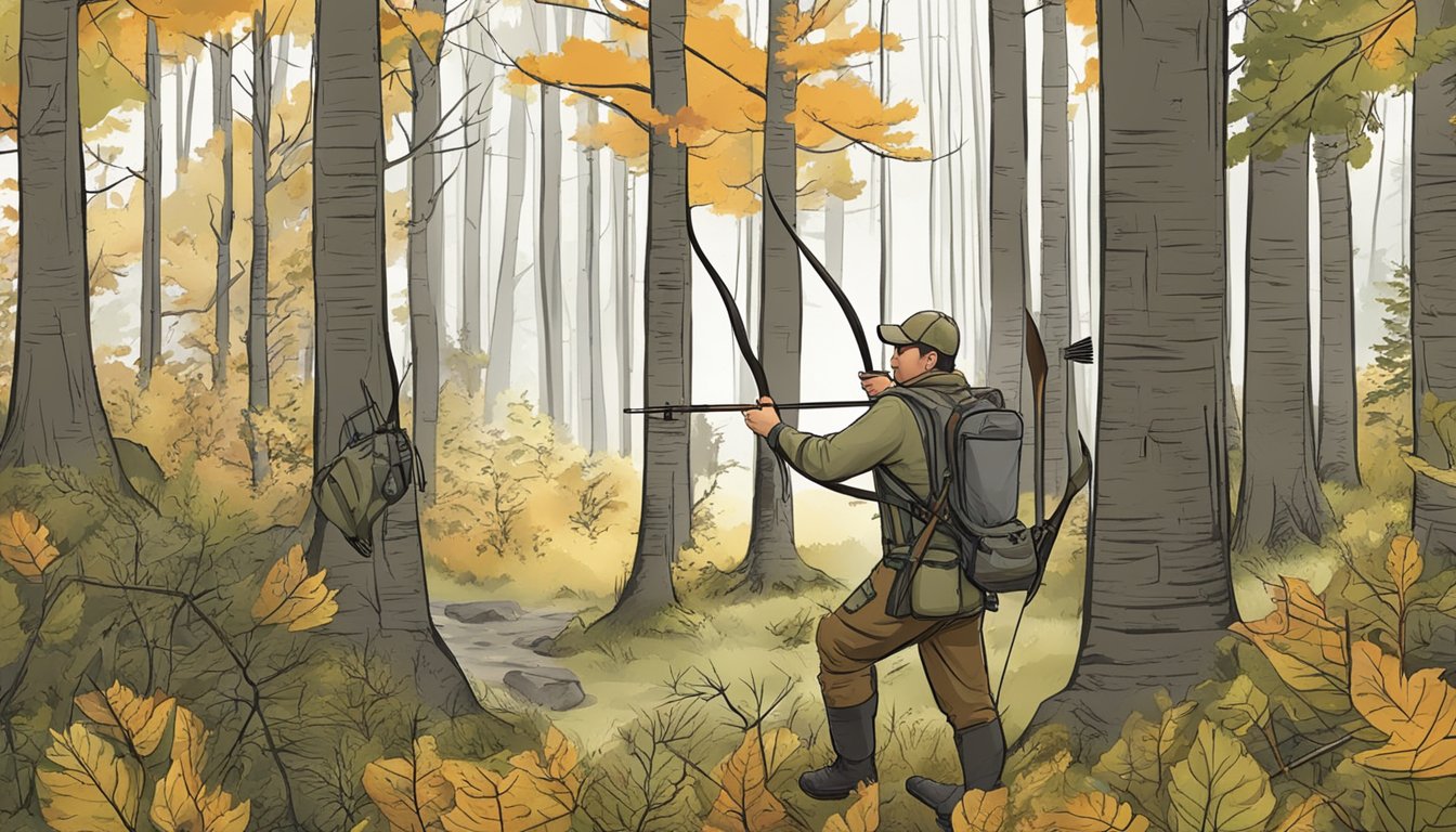 A hunter with a bow and arrow surrounded by woodland, with signs displaying species and bag limits for bow hunting season in Massachusetts