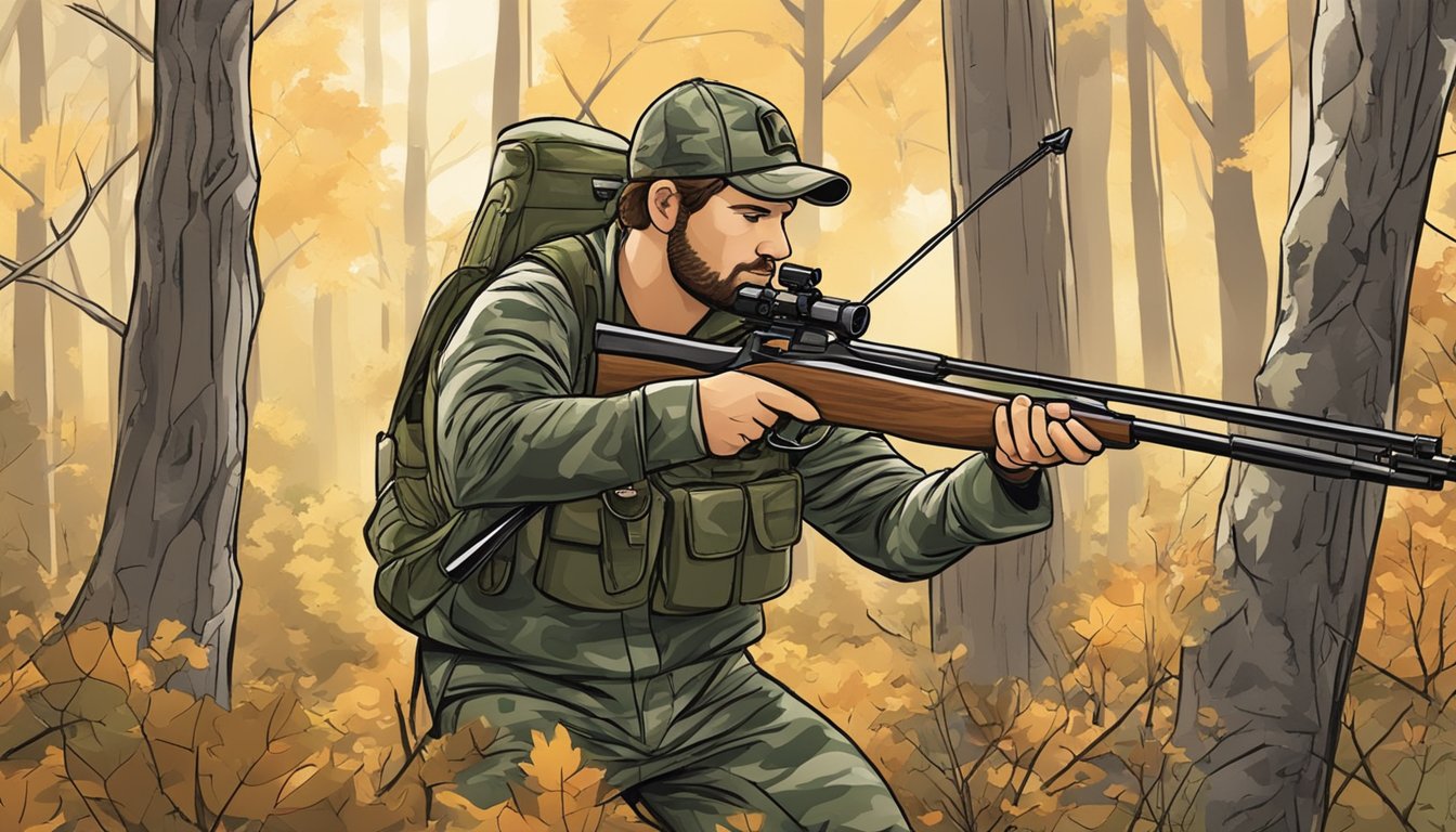 A hunter in camouflage drawing a bow in a wooded area of the District of Columbia during hunting season