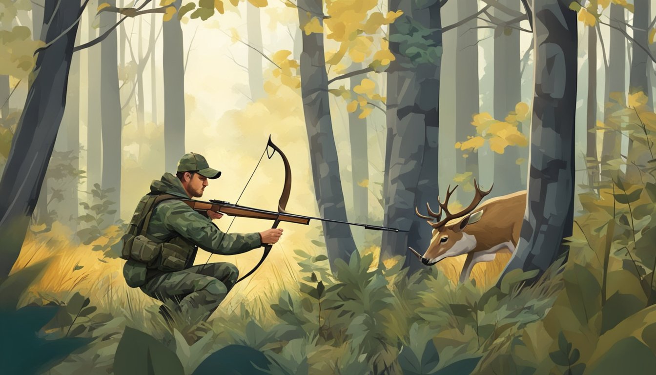 A hunter in camouflage aims a bow at a deer in a forest clearing. Trees and foliage surround them