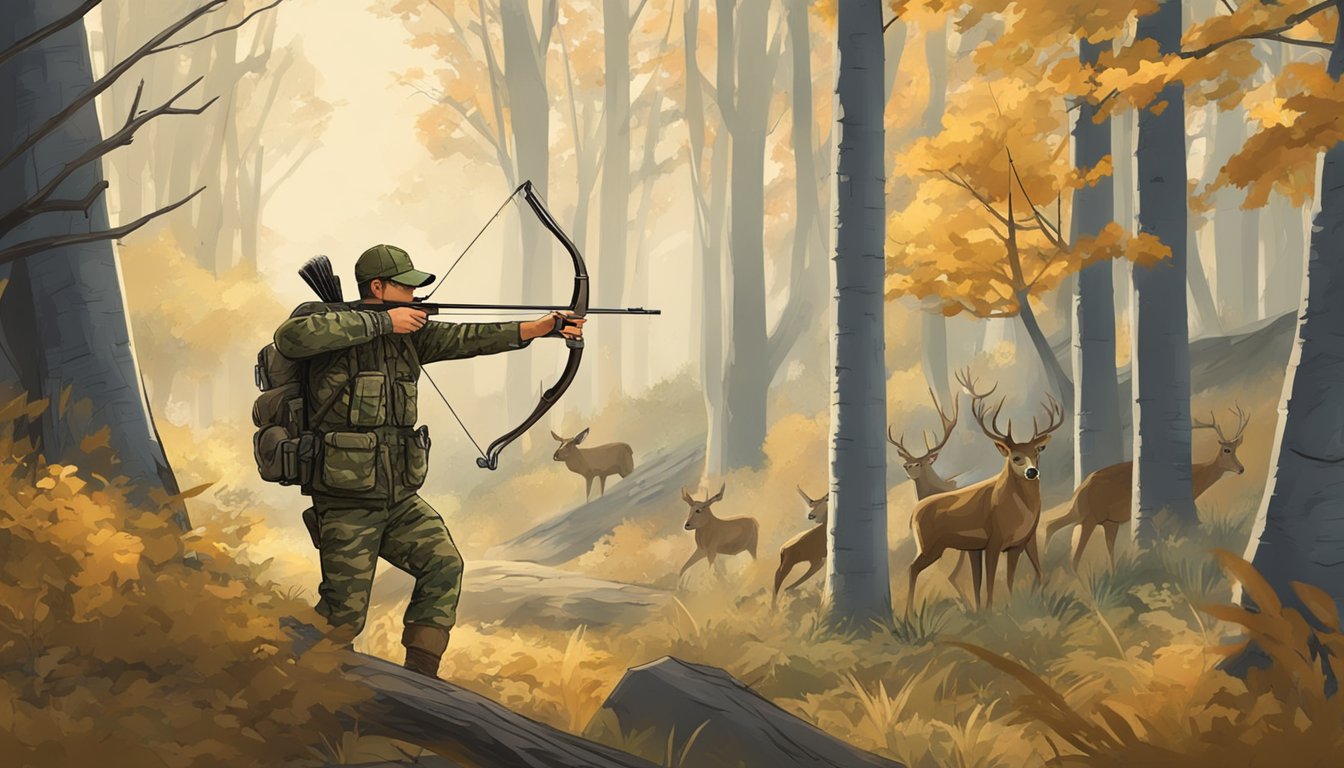 A hunter in camouflage draws a bow, aiming at a deer in a wooded area of the District of Columbia during bow hunting season