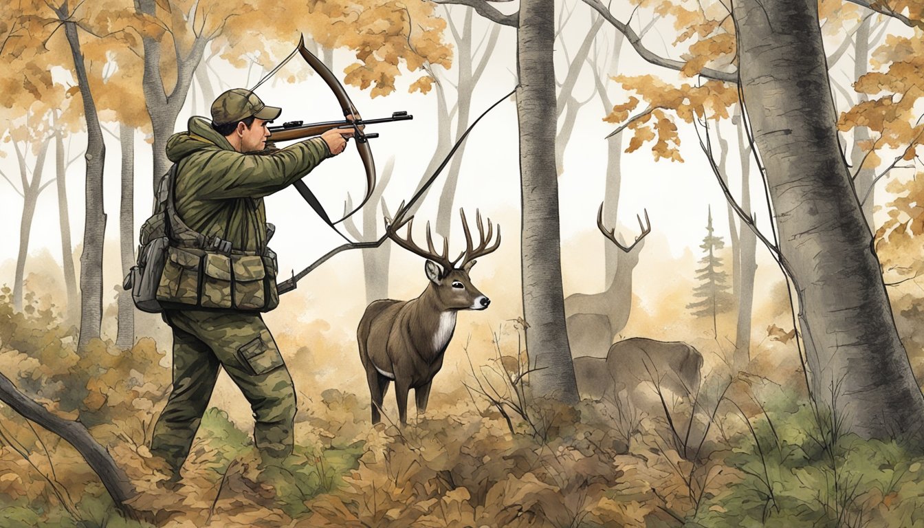 A hunter in camouflage draws back a bow, aiming at a deer in a wooded area during bow hunting season in Massachusetts