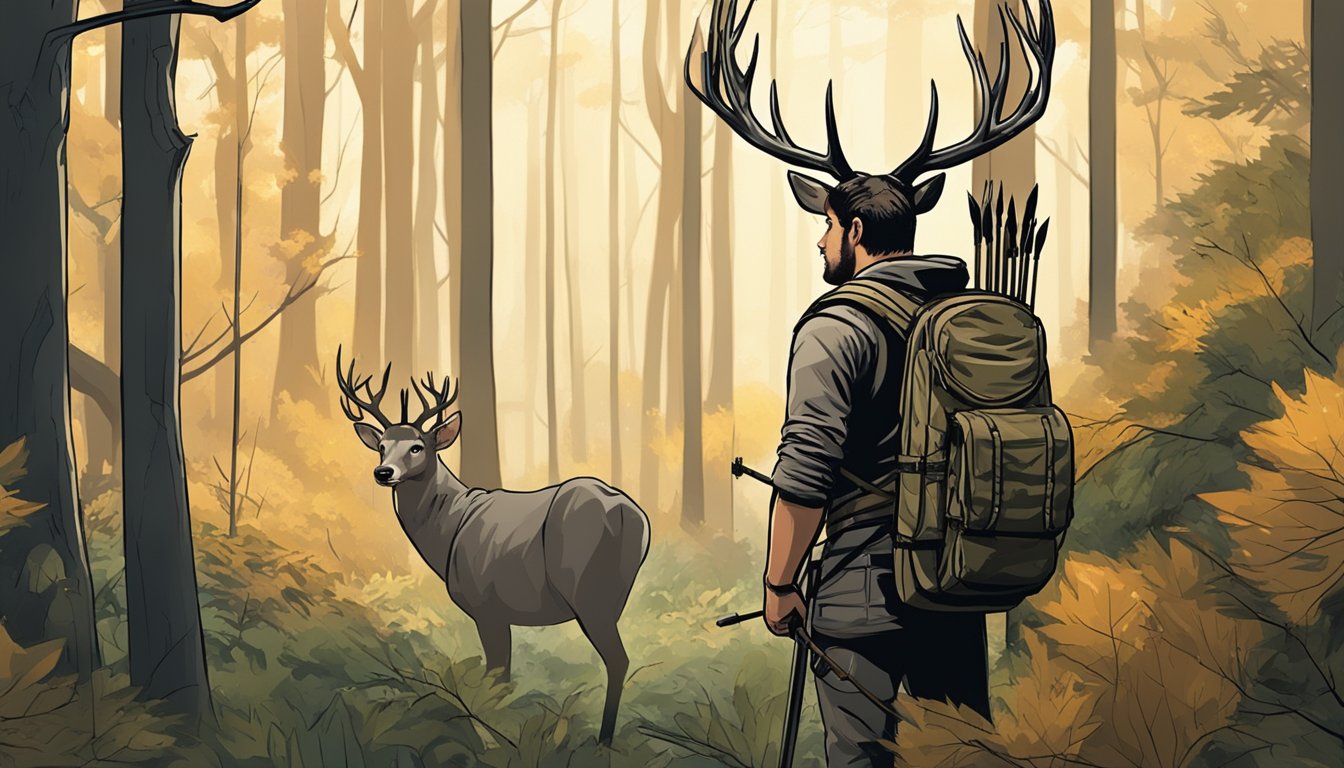 An archer silently waits in a tree stand, arrows at the ready, as deer cautiously approach a clearing in the dense forest