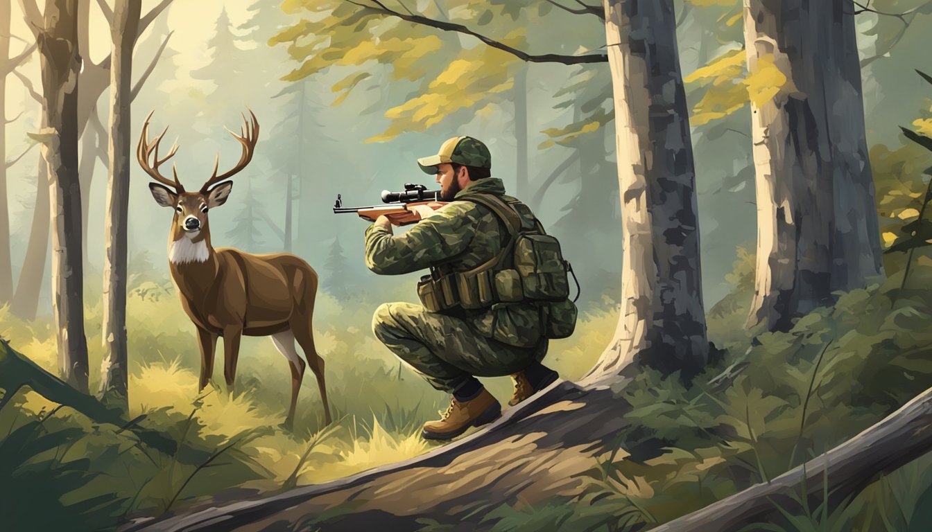 A hunter in camouflage aims a bow at a deer in a wooded area