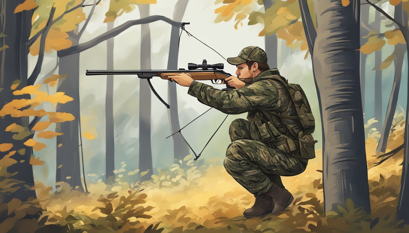 A hunter in camouflage draws back a bow, aiming at a target in the wooded area of the District of Columbia during bow hunting season