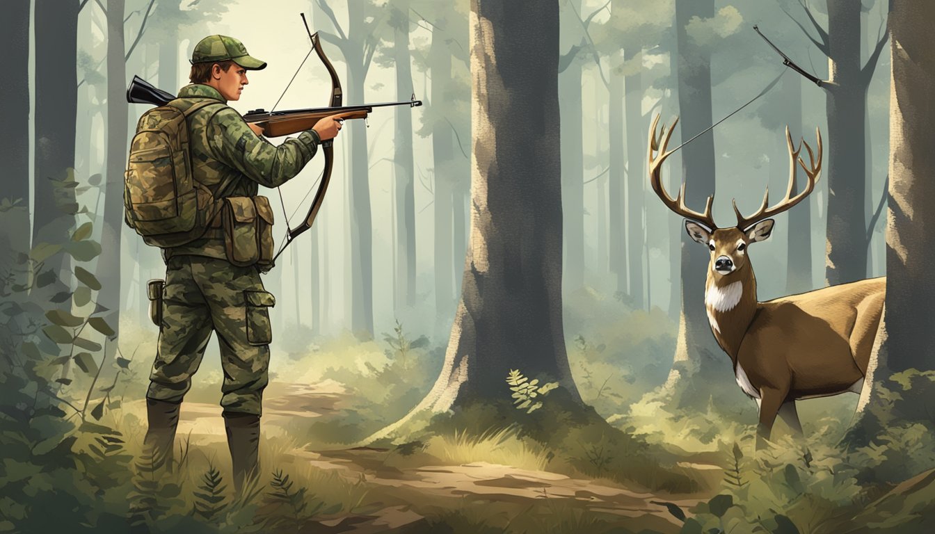 A hunter in camouflage stands in a forest clearing, aiming a bow at a deer. A "Licensing and Regulations" sign is posted nearby