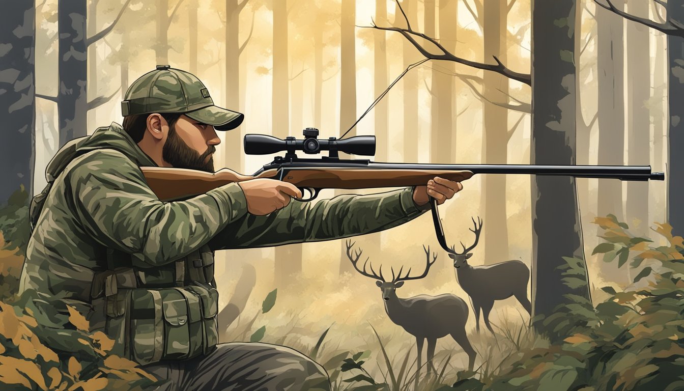 A hunter in camouflage draws back a bow, aiming at a deer in the Michigan forest during bow hunting season