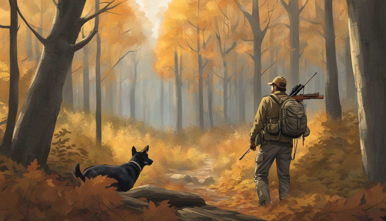 A dense Mississippi forest with autumn leaves, a bow hunter quietly stalking through the underbrush, focused on tracking game