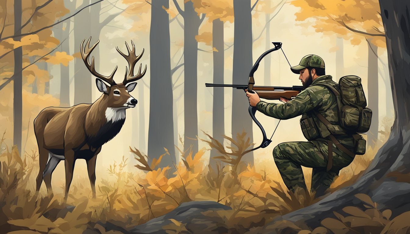 A hunter in camouflage aims a bow at a deer in a Michigan forest during hunting season