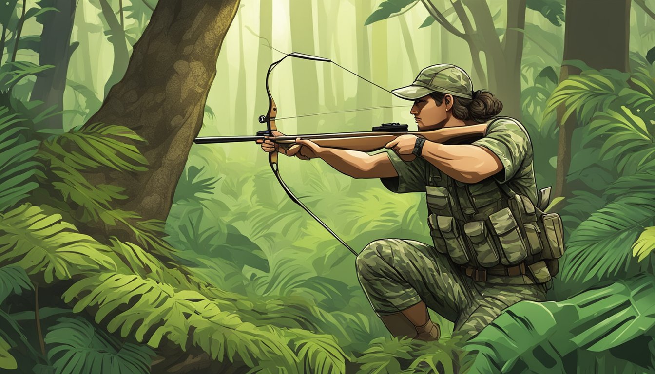 A hunter in camouflage drawing back a bow in a lush Hawaiian forest