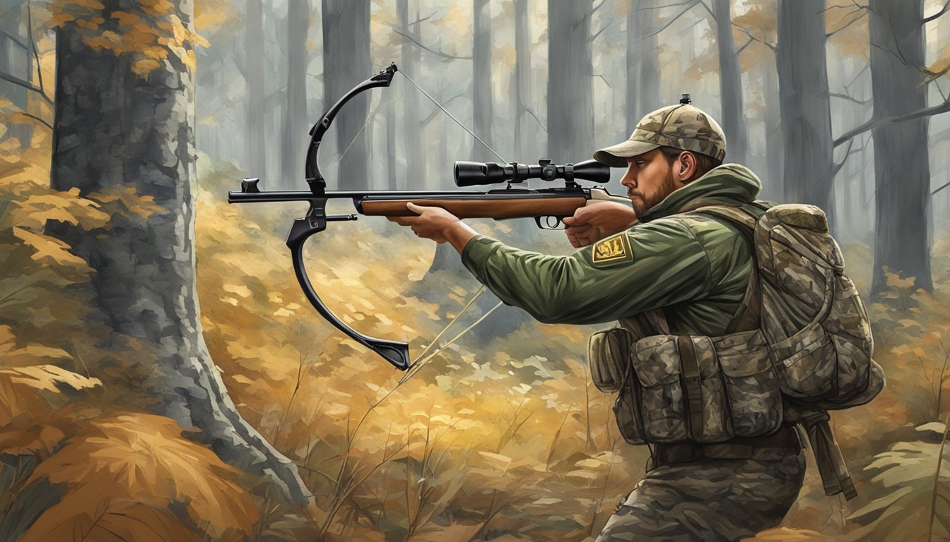 A hunter in camouflage draws back a bow, aiming at a deer in a forest clearing during Missouri's bow hunting season