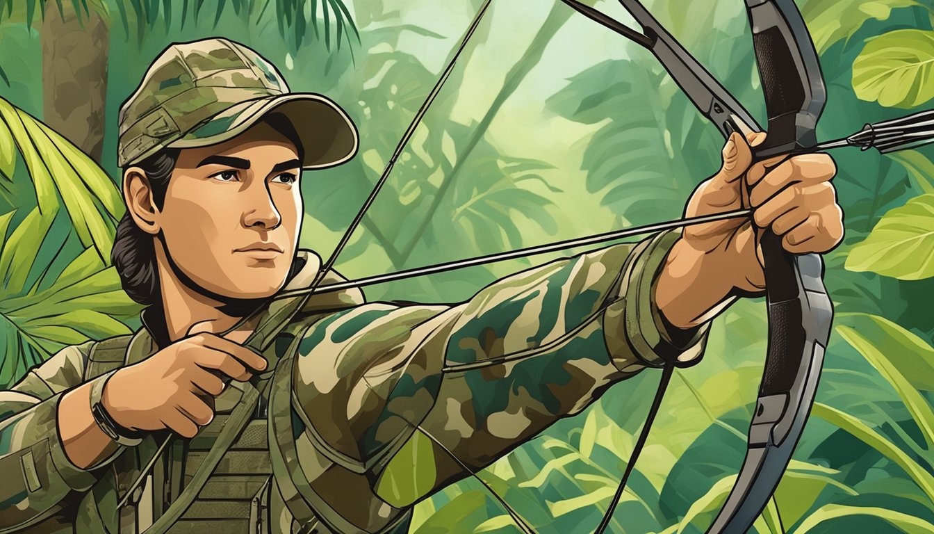 A hunter in camouflage holding a bow and arrow, surrounded by lush Hawaiian foliage, with special permits and stamps displayed prominently