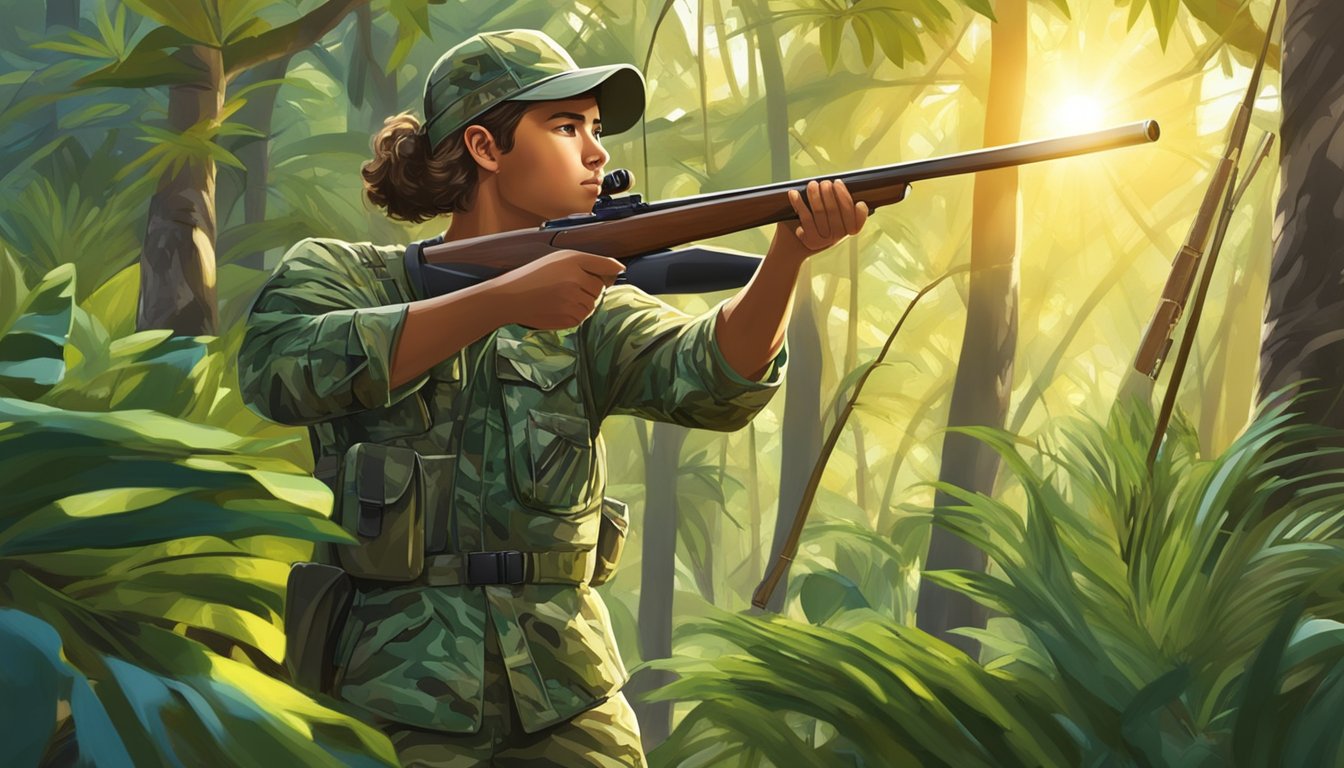 A young hunter in camouflage stands in a lush Hawaiian forest, bow in hand, eyes focused on a target. The sun filters through the trees, casting dappled light on the scene