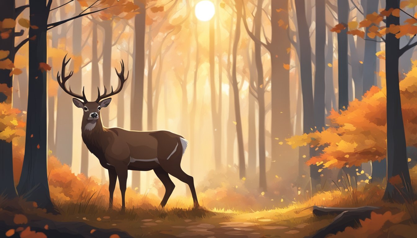 A deer stands in a forest clearing, surrounded by autumn foliage. A bow and arrow lay on the ground nearby, with the sun setting in the background