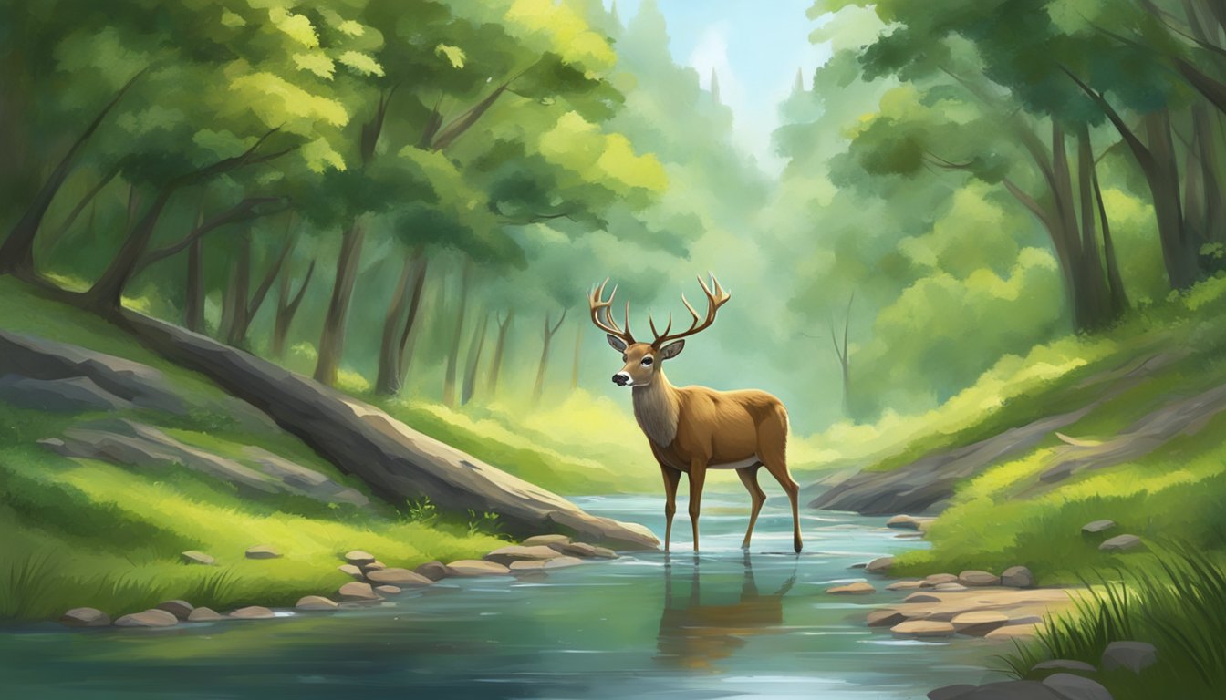 A deer cautiously drinks from a stream in a forest clearing, surrounded by lush greenery and the gentle sounds of nature