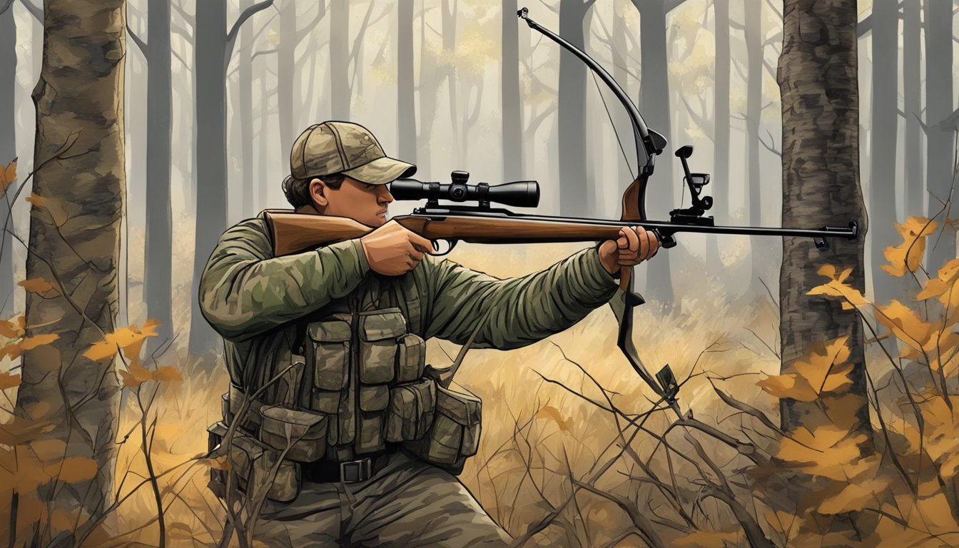 A hunter in camouflage draws back a bow, aiming at a deer in a wooded area during Nebraska's bow hunting season